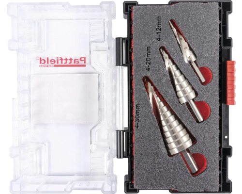 Stegborrsats med storlekar 4 till 12 millimeter, 4 till 20 millimeter och 4 till 30 millimeter i plastlåda