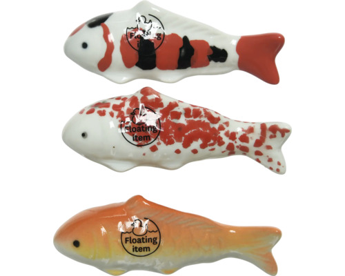 Tre keramiska fiskfigurer för dammdekoration