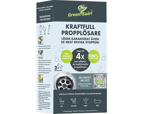 Green Swirl propplösare förpackning med instruktioner för användning och ingredienser