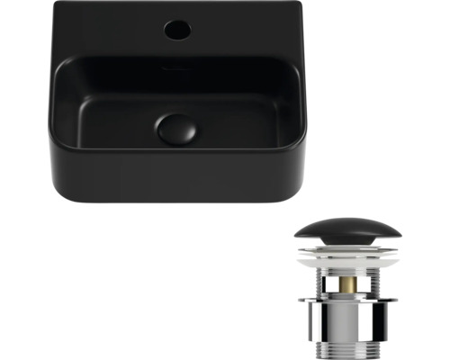 Svart tvättställ i keramik med bottenventil