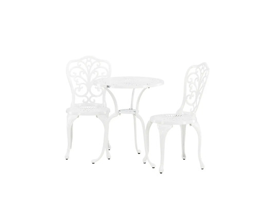 Trädgårdsgrupp i gjuten aluminium med två stolar och ett bord