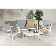 Trädgårdsmöbelset med soffa, två stolar och ett bord, i modern design