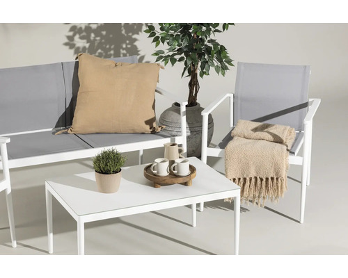 Trädgårdsscen med en bänk, stol och bord utomhus, dekorerad med kuddar, en filt, drycker och en växt