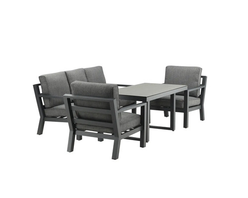 Trädgårdsmöbelset med bord, bänk och stolar med dynor