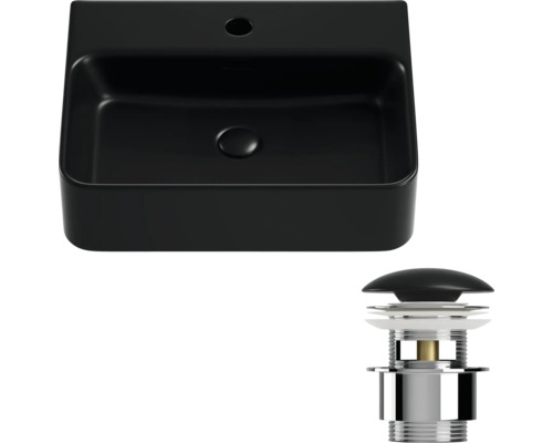 Svart keramisk tvättställsskål med avloppssats