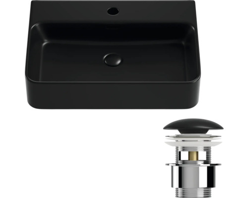 Svart tvättställ med avloppssats