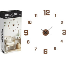 Väggklocka för självdesign med mörk trälook och förpackning.