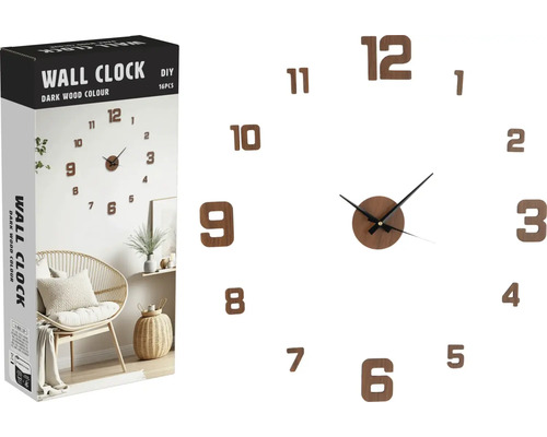Väggklocka för självdesign med mörk trälook och förpackning.