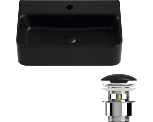 Svart tvättställsskål med bottenventil