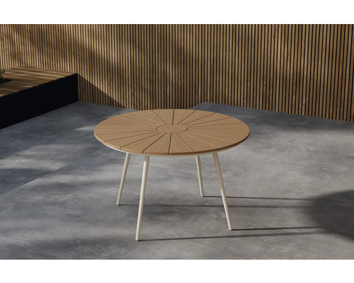 Runt trädgårdsbord med trästruktur och metallben