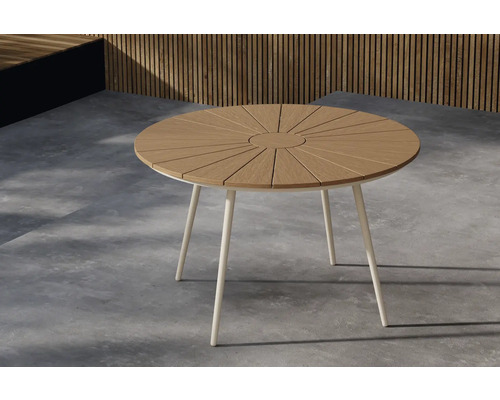 Rund trädgårdsbord med träutseende och tre ben