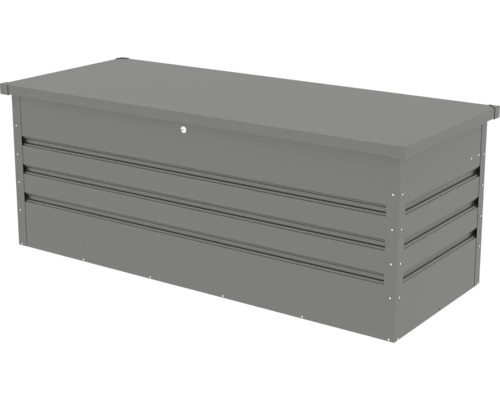 Grå trädgårdsbox av metall för förvaring av trädgårdsredskap