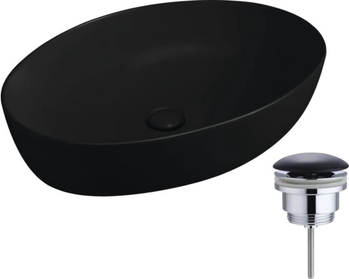 Svart keramisk tvättställsskål med avloppsgarnitur