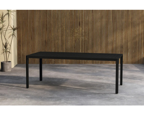 Svart trädgårdsbord med rektangulär bordsskiva och metallben