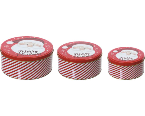 Juldekoration kakburk 3-pack röd Tre runda förvaringsburkar med julmotiv och randigt mönster