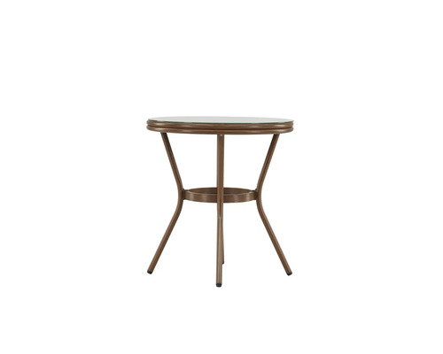 Runt sidobord med glasskiva och metallram för trädgården