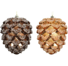 Två dekorativa kottar som julgransdekorationer