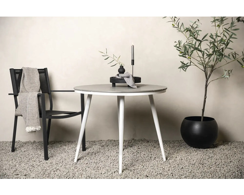 Scen med runt bord, stol, dekoration och växt i kruka.