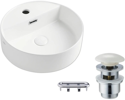 Tvättställ för bänkmontage av keramik med avloppsgarnitur och bräddavlopp