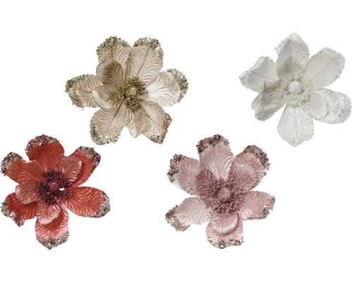 Dekorativa konstgjorda blommor med glittrande accenter
