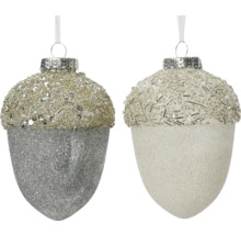 Två ekollonformade julgranskulor med en glittrande yta