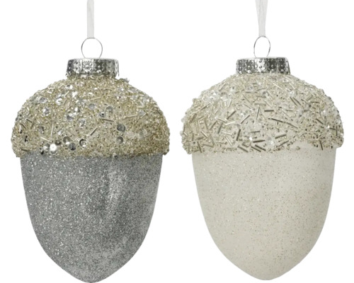 Julgranshänge kotte plast 10x10x12,5cm blandade färger Två ekollonformade julgranskulor med en glittrande yta