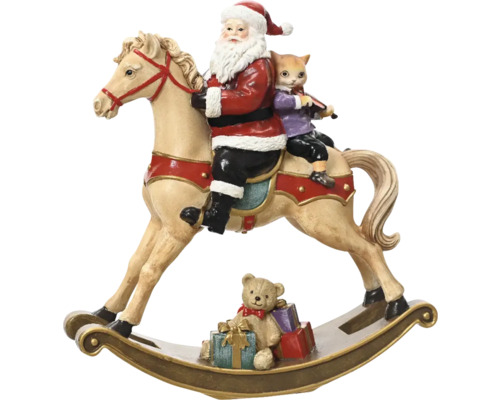 Jultomte på gunghäst 24cm röd Juldekoration med jultomte, katt och teddybjörn på gunghäst