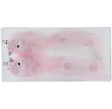 Två dekorativa, rosa fåglar med fjädrar i en transparent förpackning.