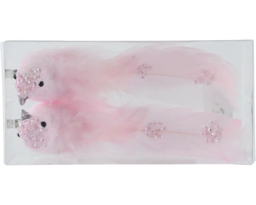 Två dekorativa, rosa fåglar med fjädrar i en transparent förpackning.