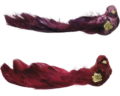 Två dekorativa fåglar med fjädrar