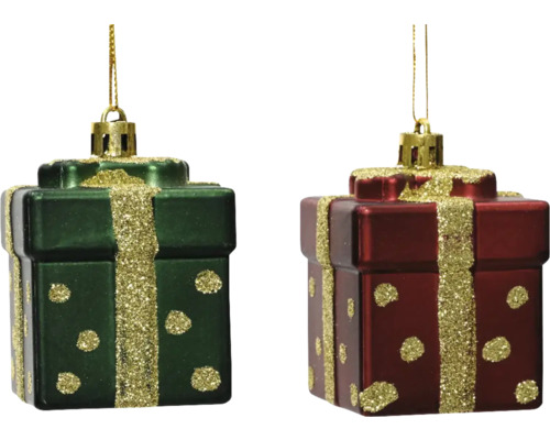 Två julgranskulor i presentförpackningsform med dekorativt band