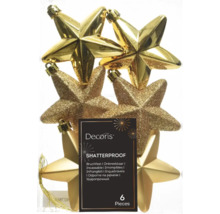 Sex splitterfria guldfärgade stjärnor som julgransdekorationer