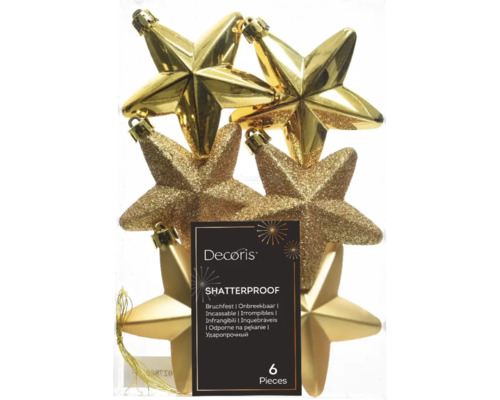 Julgranshänge stjärna 7,5x2cm guld 6-pack Sex splitterfria guldfärgade stjärnor som julgransdekorationer