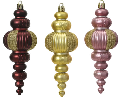 Tre droppformade julgranskulor för juldekoration