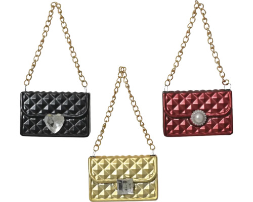 Tre quiltade handväskor med kedjeremmar i svart, guld och rött