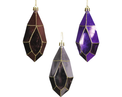 Tre rombformade julgranskulor med glittrande dekorationer