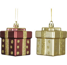 Två julgranskulor i presentförpackning med glitter