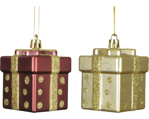 Två julgranskulor i presentförpackning med glitter