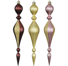 Tre avlånga julgranskulor med glitter