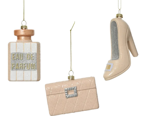 Dekorativa hängen med parfymflaska, handväska och damsko