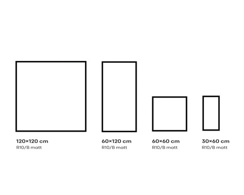 Olika kakelstorlekar: 120 x 120 cm, 60 x 120 cm, 60 x 60 cm, 30 x 60 cm, halkskydd R10/B, matt
