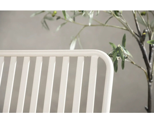 Detaljvy av en vit trädgårdsbänk i metall med en växt i bakgrunden.