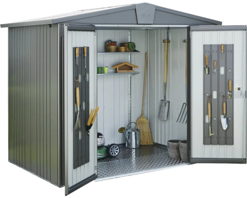 Öppet redskapsbod i metall med trädgårdsredskap