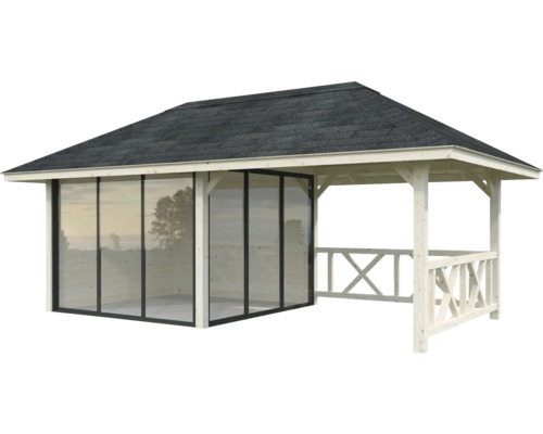 Trädgårdspaviljong i trä med sluten sidodel och sadeltak