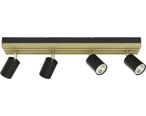 Taklampa med fyra spotlights i trä och metall