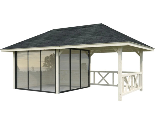 Trädgårdspaviljong med sluten och öppen yta, träkonstruktion och takspån