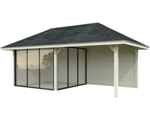 Trädgårdshus i trä med skjutdörrar och takpapp