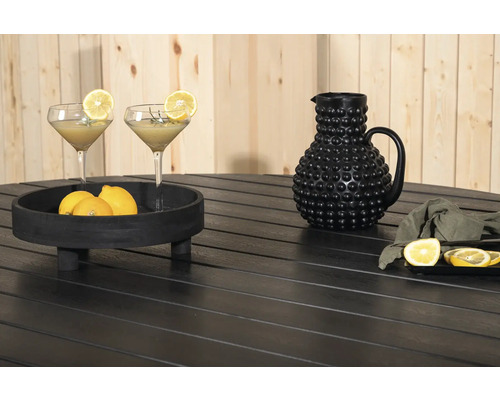Stilleben med drycker, karaff och citroner på ett svart trädgårdsbord