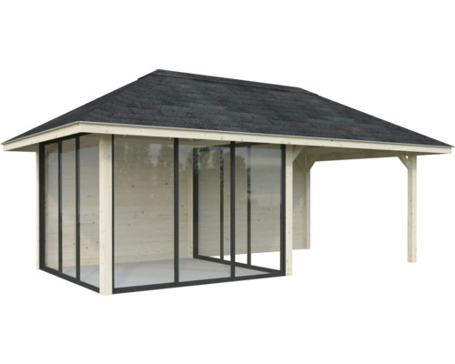 Trädgårdshus i trä med glasfront och tak
