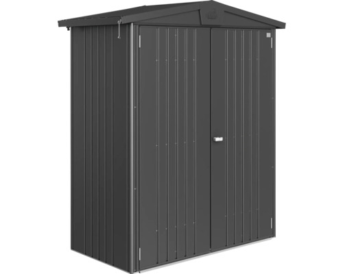 Trädgårdsskåp av metall med dubbeldörr och sadeltak
